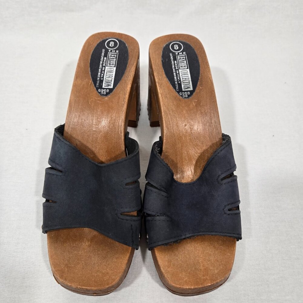 Vintage THE LEATHER COLLECTION Blue Leather Chunky Heels Platform Sandals Size 8 - Picture 4 of 17